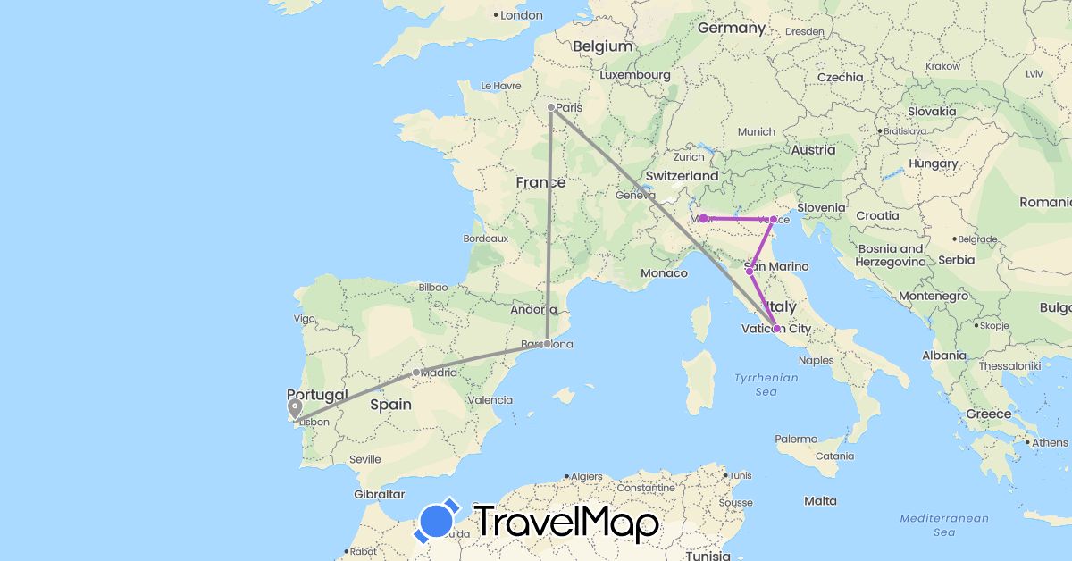 TravelMap itinerary: driving, plane, train in Spain, France, Italy, Portugal (Europe)